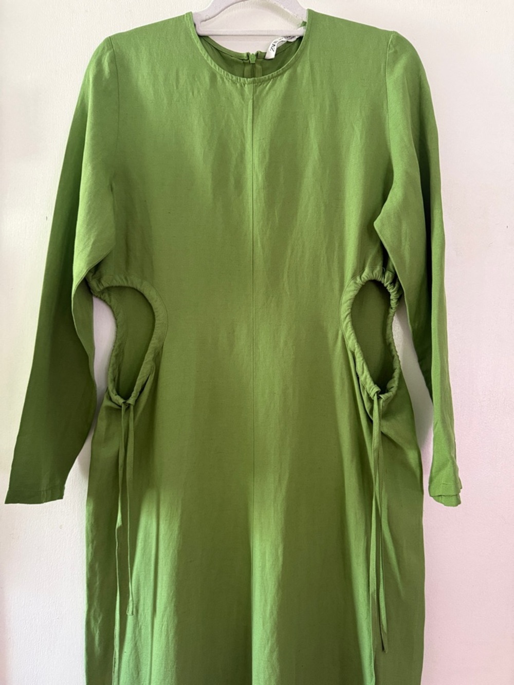 Zara Olive Green Long-Sleeve Cutout Midi Dress